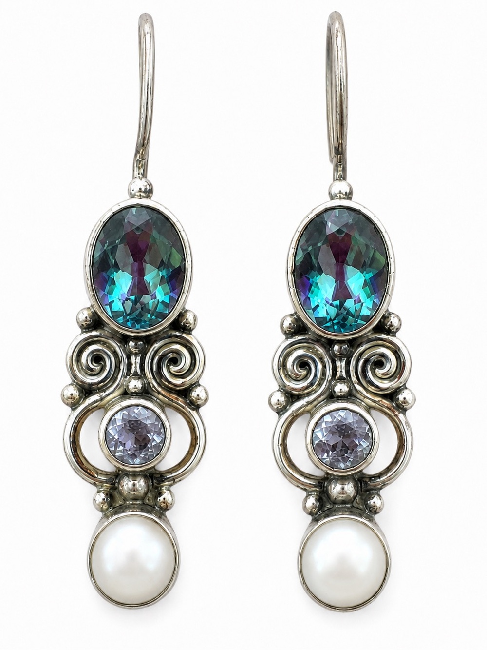 Sajen 925 Sterling Silver Blue Topaz Pearl Dangle Earrings Artisan Vintage Bali